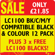 LC1100 Bk/C/M/Y Compatible Black and Colour 12 Pack + 3 x FREE LC1100 Blacks