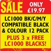 LC1000 Bk/C/M/Y Compatible Black and Colour 12 Pack + 3 x FREE LC1000 Blacks