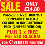 PGI-520/ CLI-521 Bk/C/M/Y Compatible Black and Colour 10 Ink Cartridge Pack (Chipped version) + 2 x FREE PGI-520 Blacks