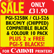 PGI-525BK / CLI-526 Bk/C/M/Y (Chipped) Compatible Black and Colour 10 Pack + 2 x FREE PGI-525 Blacks