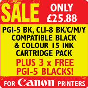 PGI-5 BK, CLI-8 BK/ C/ M/ Y Compatible Black and Colour 15 Ink Cartridge Pack + 3 x FREE PGI-5 Blacks