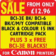 BCI-3e BK/ BCI-6 BK/ C/ M/ Y Compatible Black and Colour 15 Ink Cartridge Pack + 3 x FREE BCI-3e Blacks
