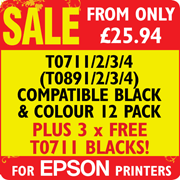 T0711/2/3/4 (T0891/2/3/4) compatible Black and Colour 12 Pack + 3 x FREE T0711 Blacks