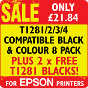 T1281/2/3/4 Compatible Black and Colour 8 Pack + 2 x FREE T1281 Blacks
