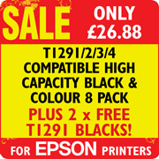 T1291/2/3/4 Compatible High Capacity Black and Colour 8 Pack + 2 x FREE T1291 Blacks