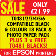 T0481/ 2/ 3/ 4/ 5/ 6 Compatible Black and Colour 18 Pack and Photo Paper Pack + 3 x FREE T0481 Blacks