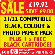 21/22 Compatible Black, Colour and Photo Paper Pack + 1 x FREE Black Cartridge SAVE 9.00
