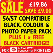 56/57 Compatible Black, Colour and Photo Paper Pack + 1 x FREE Black Cartridge SAVE 9.00