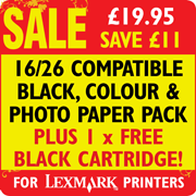 16/26 Compatible Black, Colour and Photo Paper Pack + 1 x FREE Black Cartridge SAVE 9.00