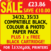 34/32, 35/33 Compatible Black, Colour and Photo Paper Pack + 1 x FREE Black Cartridge SAVE 10.00