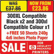 HP 300xl Compatible Black x 2 and 300xl Compatible Colour x 1 Ink Cartridges + 50 Sheets 240g 4 inches x6 inches Photo Paper