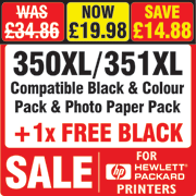 HP 350XL / 351XL Compatible Black and Colour Ink Cartridge and Photo Paper Pack + 1 x FREE Black Cartridge