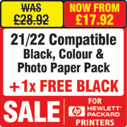 HP 21/22 Compatible Black and Colour Ink Cartridge and Photo Paper Pack + 1 x FREE Black Cartridge