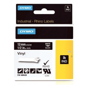 Click to view product details and reviews for Dymo 1805435 White On Black Vinyl Labels 12mm X 55m Original.