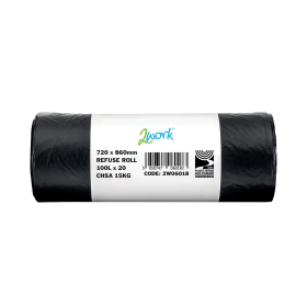 2Work Heavy Duty Refuse Sack 100 Litre Black 20 Bags per Roll 200 Pack 562399 F