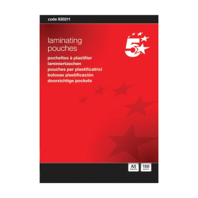 5 Star Office Laminating Pouches A5 150 Micron Gloss 100 Pack 284154 F