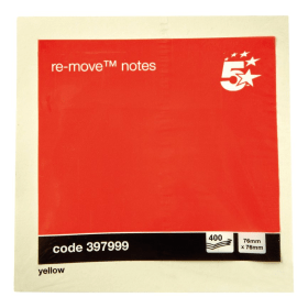 5 Star Sticky Notes Removable Cube Pad 400 Sheets 76mm x 76mm Yellow 117081 F