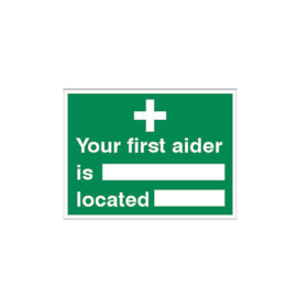 5 Star Your First Aider Is Located Sign Self Adhesive Vinyl 150mm x 200mm FS00607 F