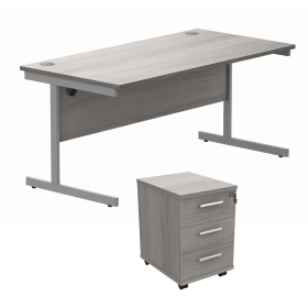 Astin Rectangular Desk 3Drw Mobile Under Desk Pedestal 1680 Alaskan Grey Oak Silver 821690 F