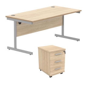 Astin Rectangular Desk 3Drw Mobile Under Desk Pedestal 1680 Canadian Oak Silver 821686 F