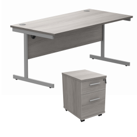 Astin Rectangular Desk 1600mm x 800mm x 730mm 2Drw Under Desk Pedestal Alaskan Grey Oak Silver 821682 F