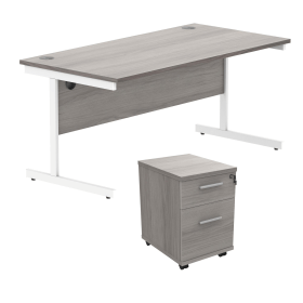 Astin Rectangular Desk 1600mm x 800mm x 730mm 2Drw Under Desk Pedestal Alaskan Grey Oak White 821683 F