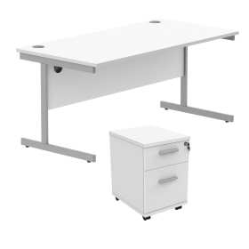 Astin Rectangular Desk 1600mm x 800mm x 730mm 2Drw Under Desk Pedestal Arctic White Silver 821680 F