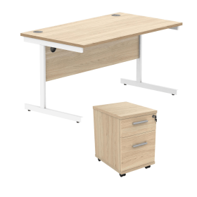 Astin Rectangular Desk 1600mm x 800mm x 730mm 2Drw Under Desk Pedestal Canadian Oak Arctic White 821679 F
