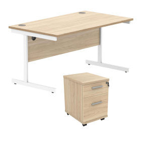Astin Rectangular Desk 1600mm x 800mm x 730mm 2Drw Under Desk Pedestal Canadian Oak Silver 821678 F