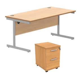 Astin Rectangular Desk 1600mm x 800mm x 730mm 2Drw Under Desk Pedestal Norwegian Beech Silver 821676 F
