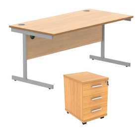 Astin Rectangular Desk 1600mm x 800mm x 730mm 3Drw Under Desk Pedestal Norwegian Beech Silver 821684 F