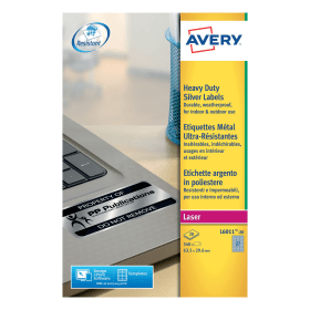 Avery Laser Label Heavy Duty 63mm x 29mm 27 Per Sheet Silver 540 Pack 109855 F