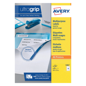 Avery Ultragrip Labels Laser Copier Inkjet 105mm x 37mm White 1600 Pack 124012 F