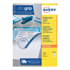 Avery Ultragrip Multipurpose Labels Laser Copier Inkjet 70mm x 42.3mm White 2100 Pack 280434 F