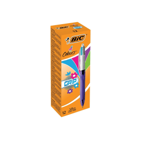 Bic 4 Colour Grip Fashion Retractable Ballpoint Pen 0.4mm Line Multicoloured 12 Pack 364833 F