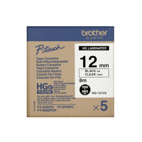 Brother HGe 131V5 P Touch Label Tape Black On Clear Paper 12mm x 8m 5 Pack Original