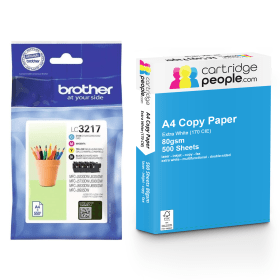 Brother LC3217 Multipack Set of 4 Ink Cartridges with Ream of Copy Paper Original