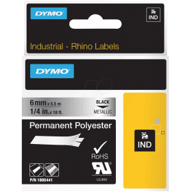 Dymo 1805441 Original Black on Metallic Permanent Polyester Tape 6mm x 5.5m B Grade
