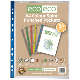 Eco Eco 100 Recycled Colour Spine Punched Pocket A4 Clear 50 Pack 773567 F