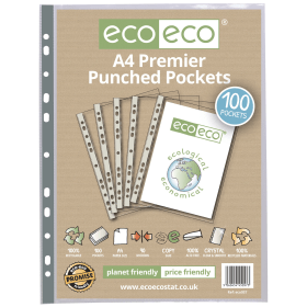 Eco Eco 100 Recycled Premier Punched Pocket A4 Clear 100 Pack 544742 F