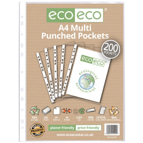 Eco Eco 100 Recycled Punched Pocket A4 Clear 200 Pack 810384 F