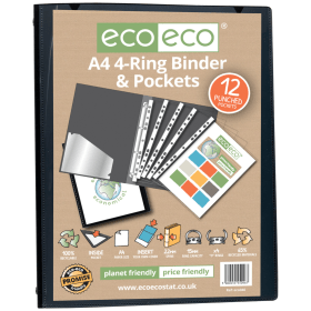 Eco Eco A4 15mm 65 Recycled Ring Binder with 12 Multi Punched Pockets Black eco046 S 544737 F