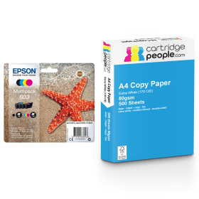 Epson 603XL 603 High Capacity Multipack Set of 4 Ink Cartridges with Ream of Copy Paper Original