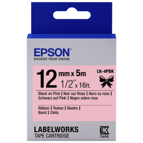 Epson LK 4PBK C53S654031 Black on Satin Pink Ribbon Label Tape Cartridge 12mm x 5m Original
