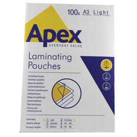 Fellowes Apex A3 Light Laminating Pouches 2 x 75 microns Clear 100 Pack B Grade