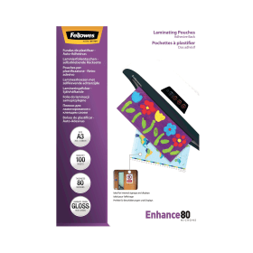 Fellowes Enhance80 Self Adhesive Laminating Pouch A3 160 Micron Gloss 100 Pack 590249 F