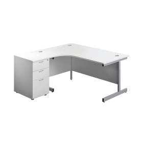 First Radial Left Hand Desk with Pedestal 1600mm x 800 1200mm White Silver 577622 F