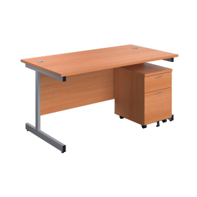 First Single Desk with 3 Drawers Pedestal 1600mm x 800mm Beech Silver 577361 F