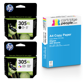 HP 305XL High Capacity Multipack Set of 2 Ink Cartridges with Ream of Copy Paper Original