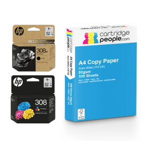 HP 308e 308 High Capacity Multipack Set of 2 Ink Cartridges with Ream of Copy Paper Original